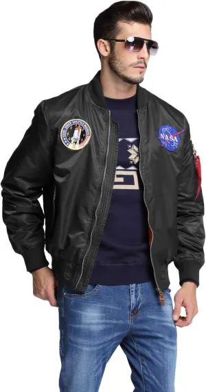 CORIRESHA Mens NASA Embroidery Badge Slim Fit Bomber Jackets Zipper Windbreaker