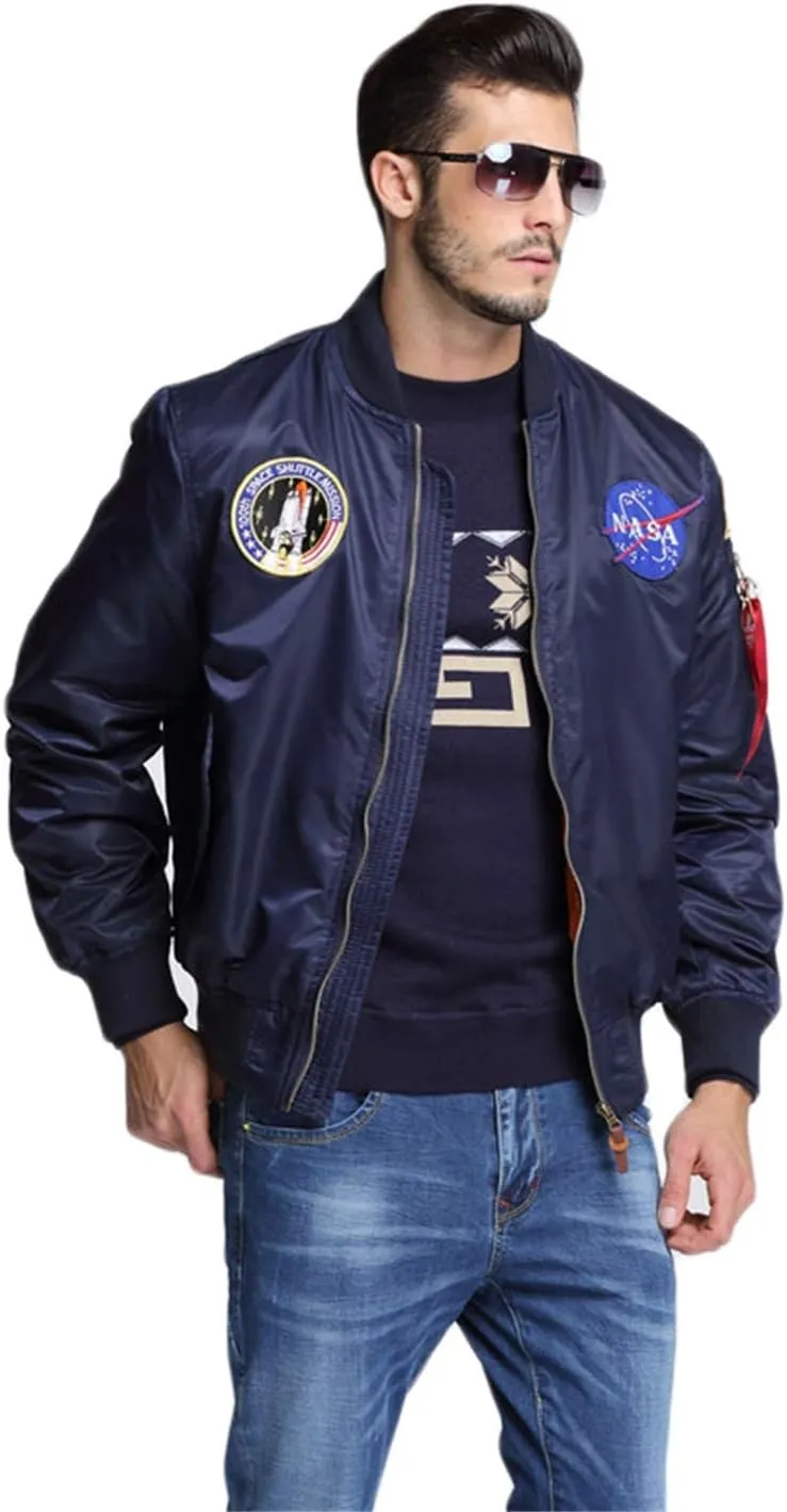 CORIRESHA Mens NASA Embroidery Badge Slim Fit Bomber Jackets Zipper Windbreaker
