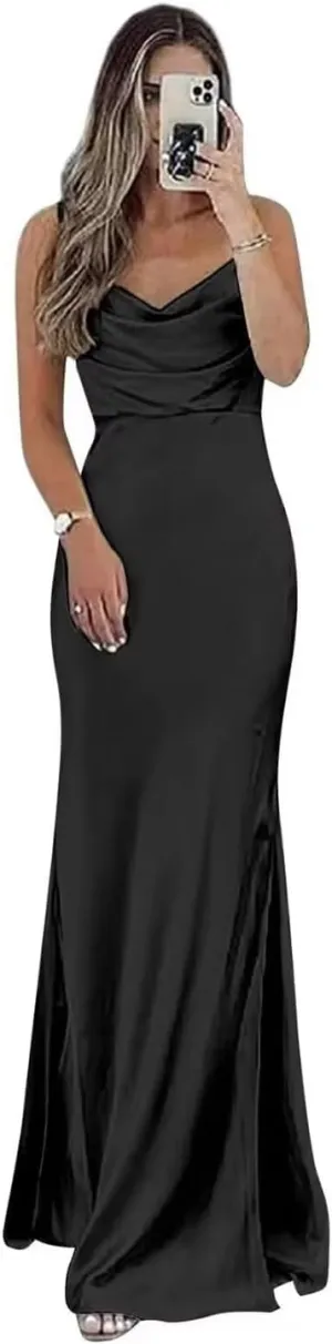 Cowl Neck Satin Bridesmaid Dresses Long Mermaid Prom Dress for Women Formal Evening Gown with Slit