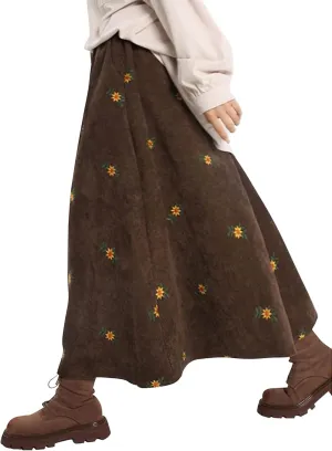 COZYPOIN Womens Corduroy Long Skirt Spring Fall Embroidery Floral A-Line Skirt Vintage Elastic High Waist Ruffle Maxi Skirt