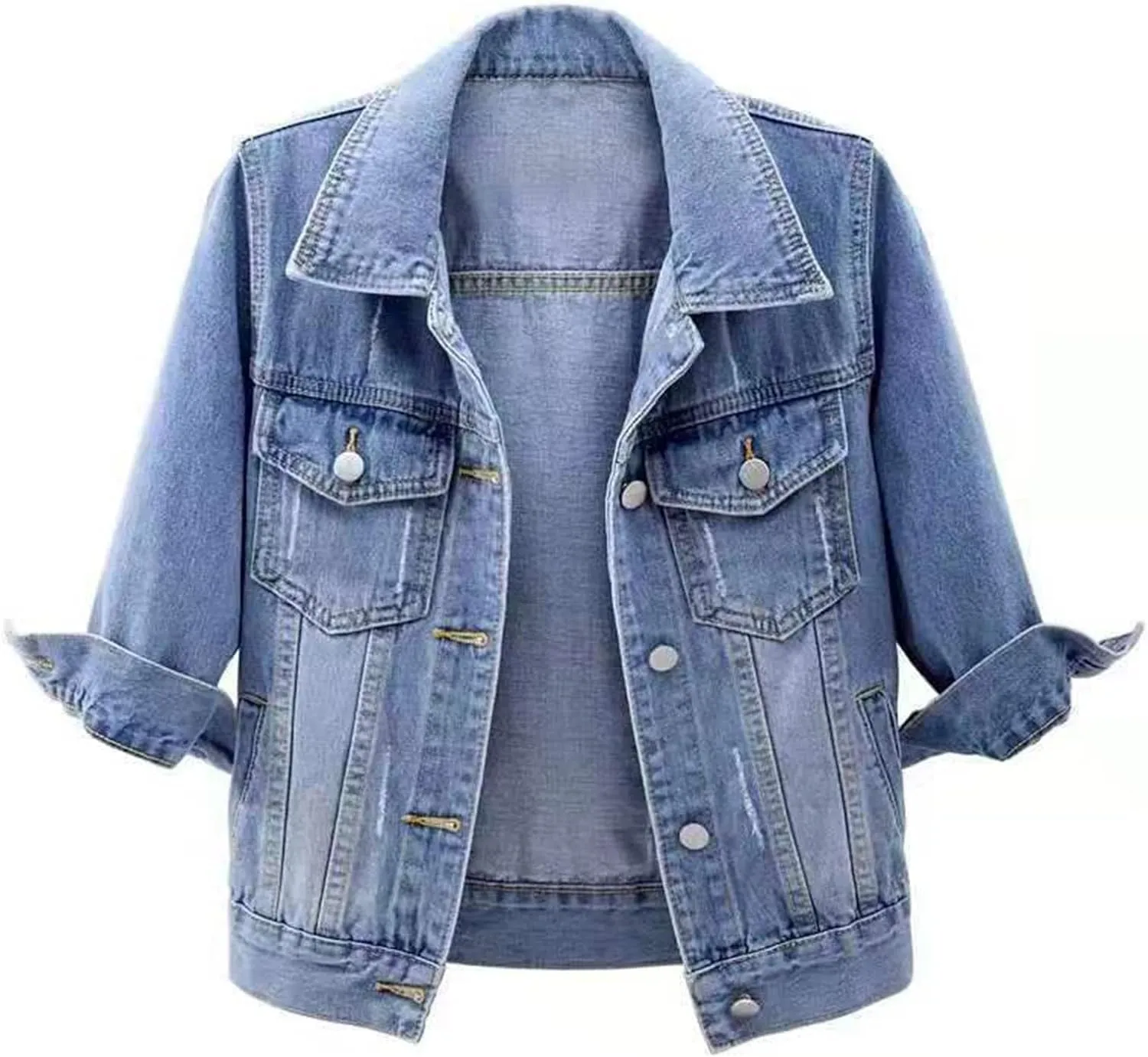 Cropped Jean Jackets for Women Casual 3/4 Sleeve Jean Jackets Lightweight Denim Jackets Button Down Trucker Coats
