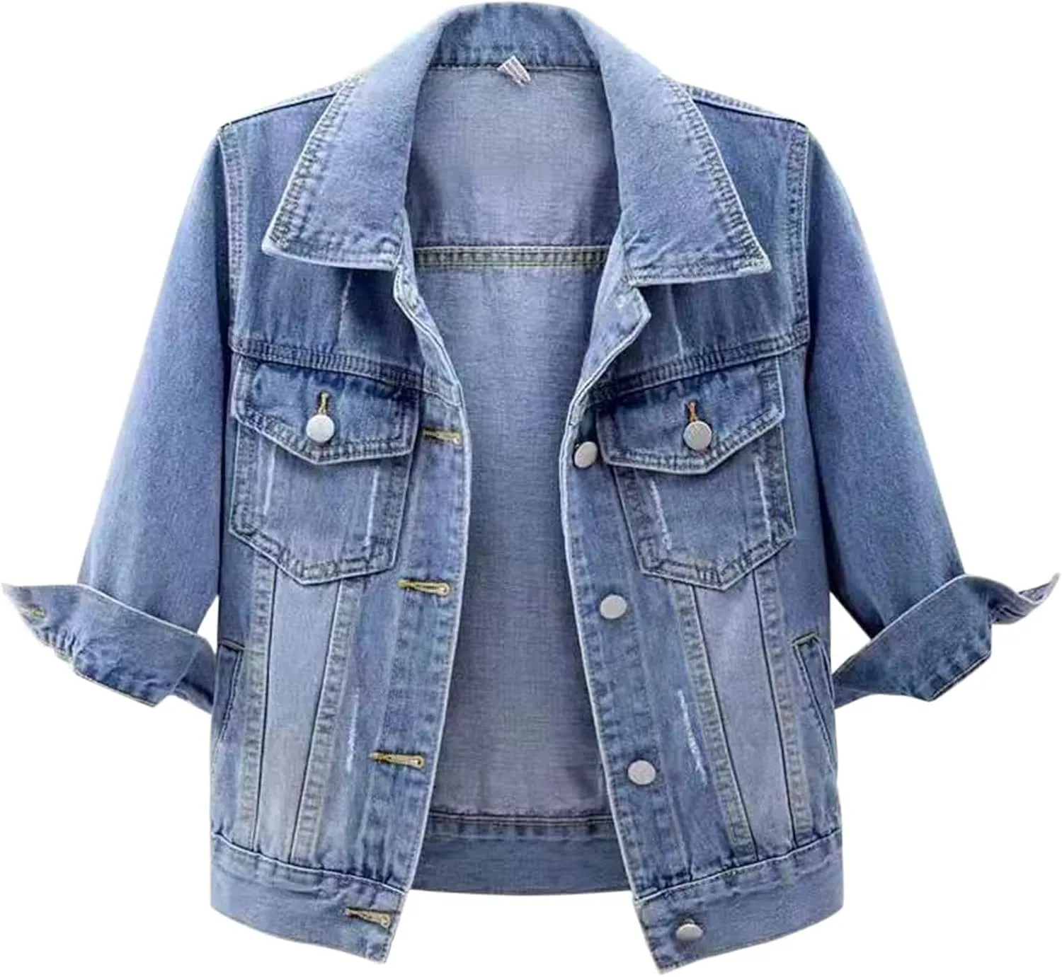 Cropped Jean Jackets for Women Casual 3/4 Sleeve Jean Jackets Lightweight Denim Jackets Button Down Trucker Coats