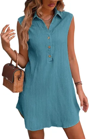CUPSHE Women Collared V Neck Mini Summer Dress Sleeveless Front Buttons A Line Curved Hem Casual Spring Beach Dresses