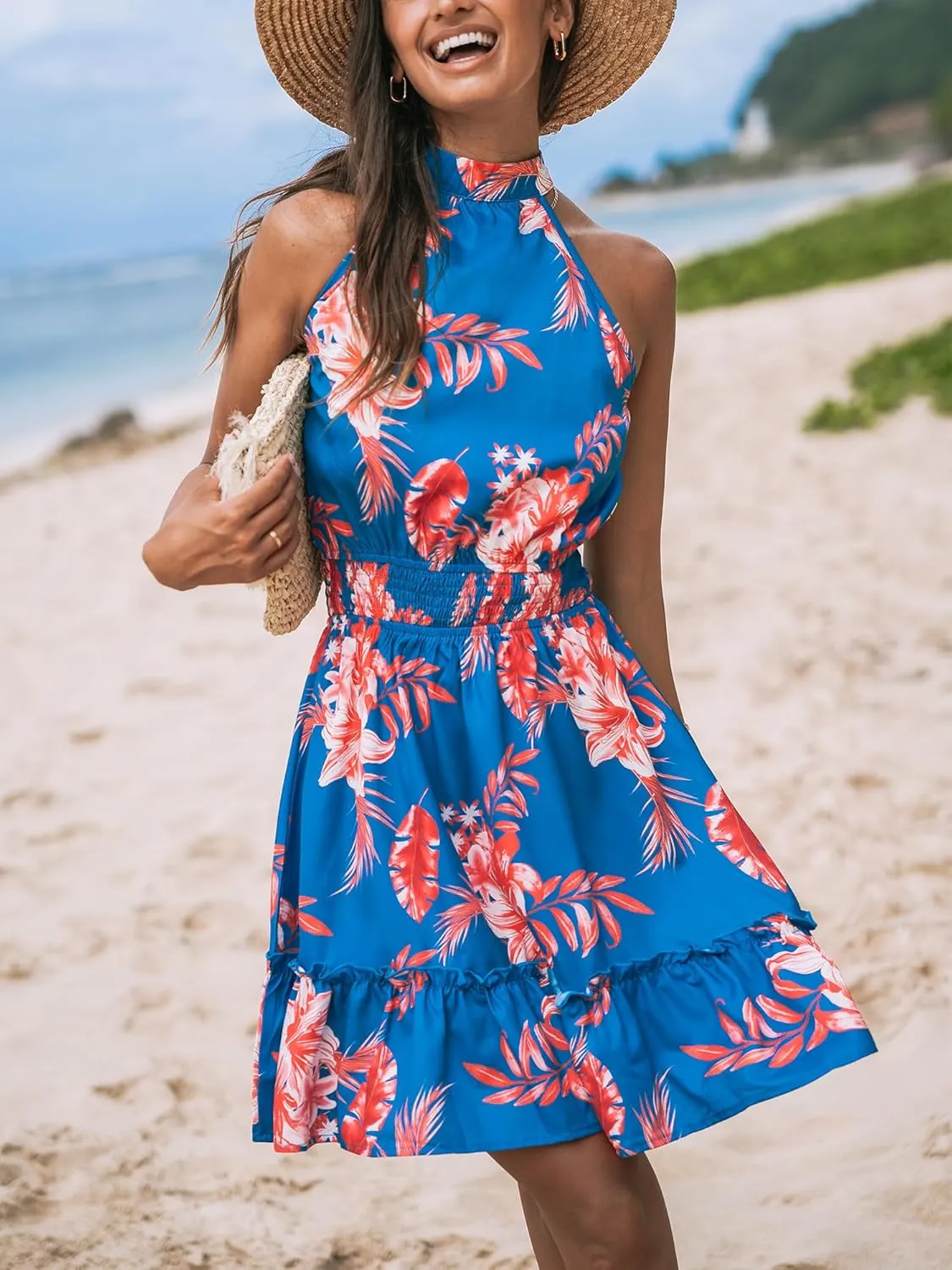 CUPSHE Women's Mini Dress Halter Floral Smocked Waist Ruffled A Line Sleeveless A Line Casual Summer Dresses