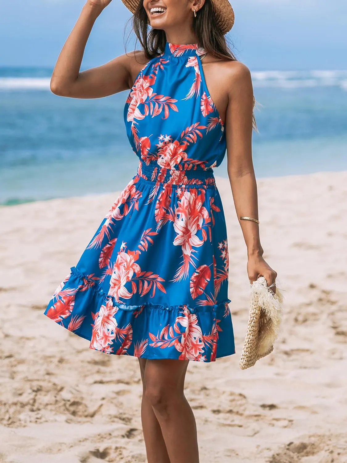 CUPSHE Women's Mini Dress Halter Floral Smocked Waist Ruffled A Line Sleeveless A Line Casual Summer Dresses