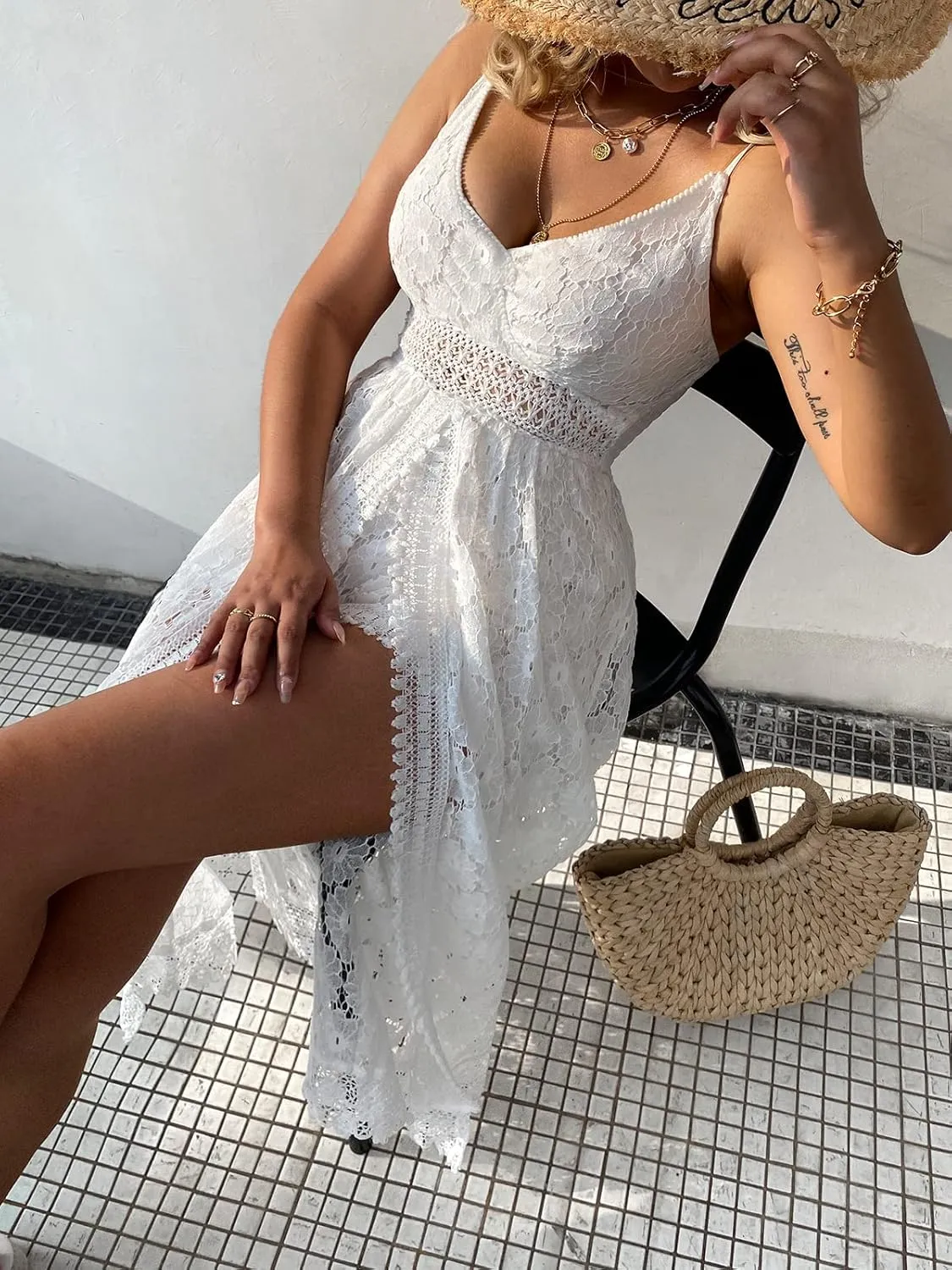 CUPSHE Women's Ruching Smocking Jumpsuit Summer Slip V Neck Backless Maxi High Low