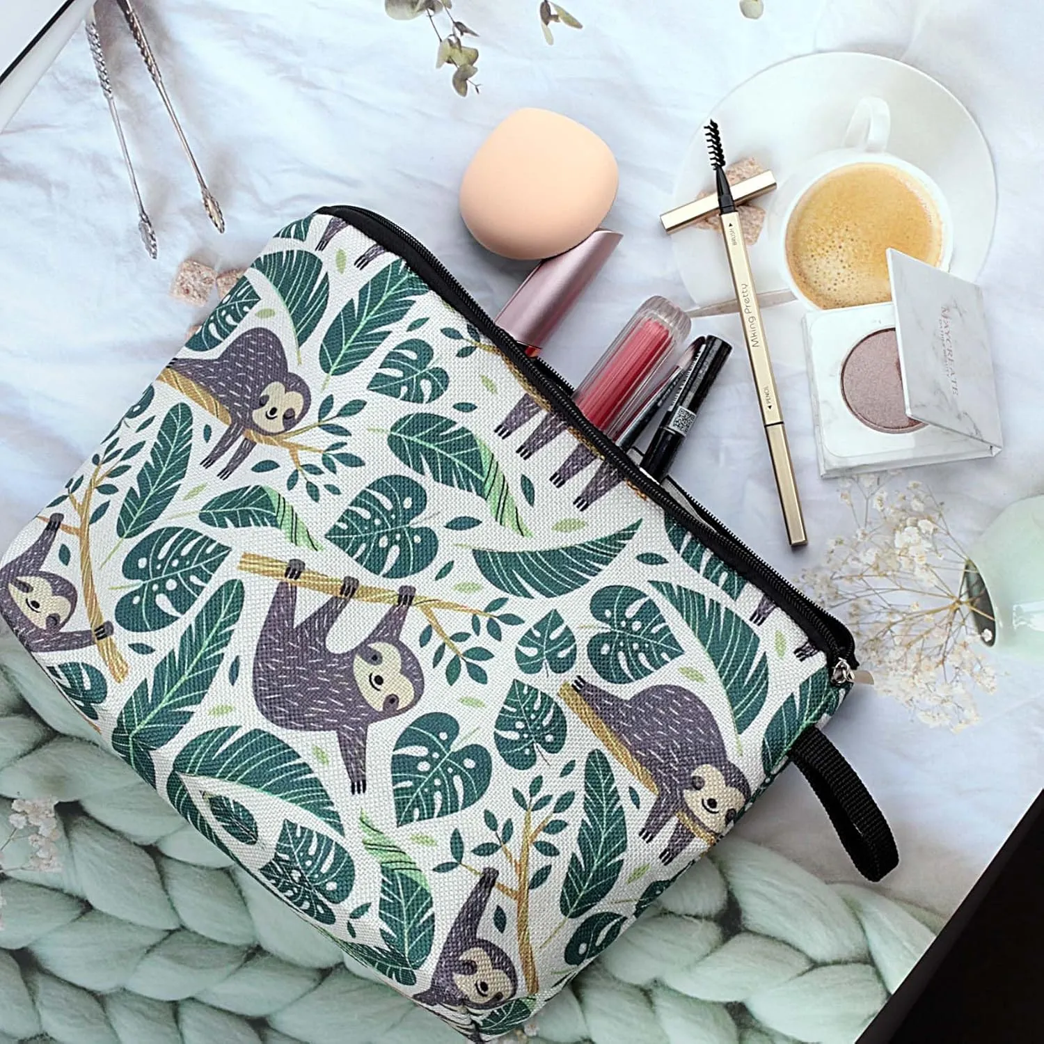 Cute Animal Lovers Gifts Tropical Sloth Cosmetic Bag Makeup Pouch with Zipper (sloth)