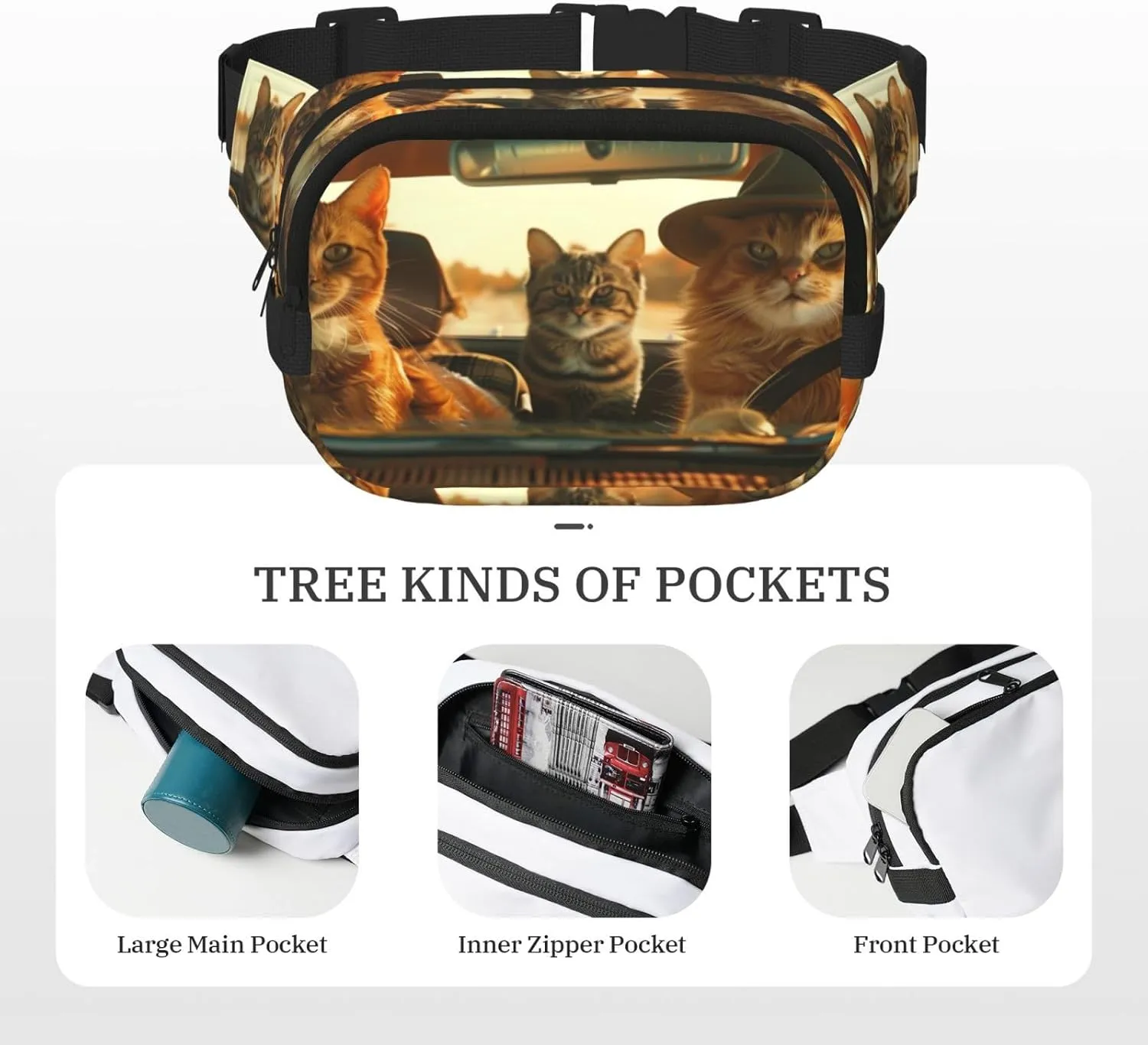 Cute Cat Funny Pack Waist Pack for Women Men, Double Layer Pack for Workout Running Travelling