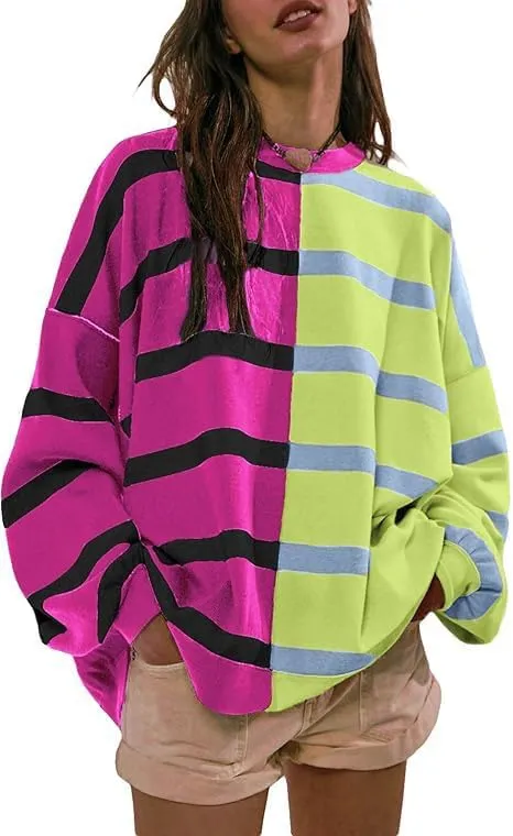 D-Sun Women's Striped Pullover Sweaters Oversized Color Block Long Sleeve Sweater Casual Knit Tops