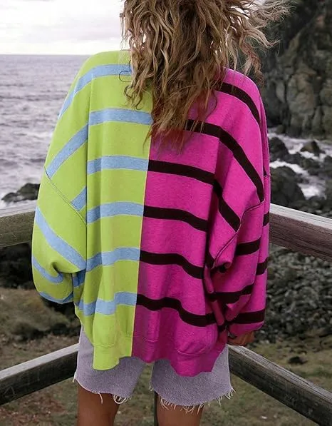 D-Sun Women's Striped Pullover Sweaters Oversized Color Block Long Sleeve Sweater Casual Knit Tops