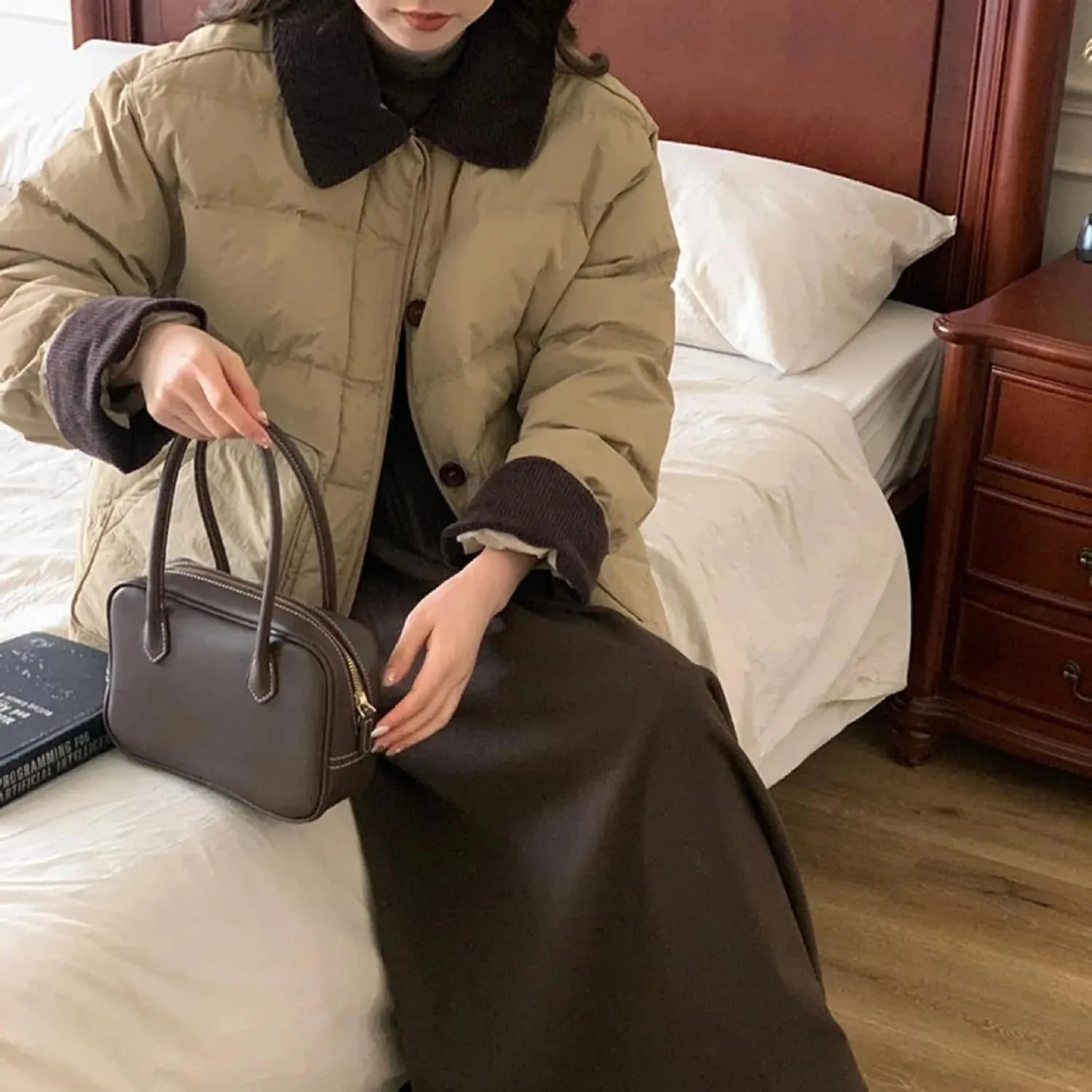 Dawery Patchwork Cropped Jacket Autumn Winter Women Cotton-padded Jacket Lightweight Coat Pocket Long Sleeve Warm Coats