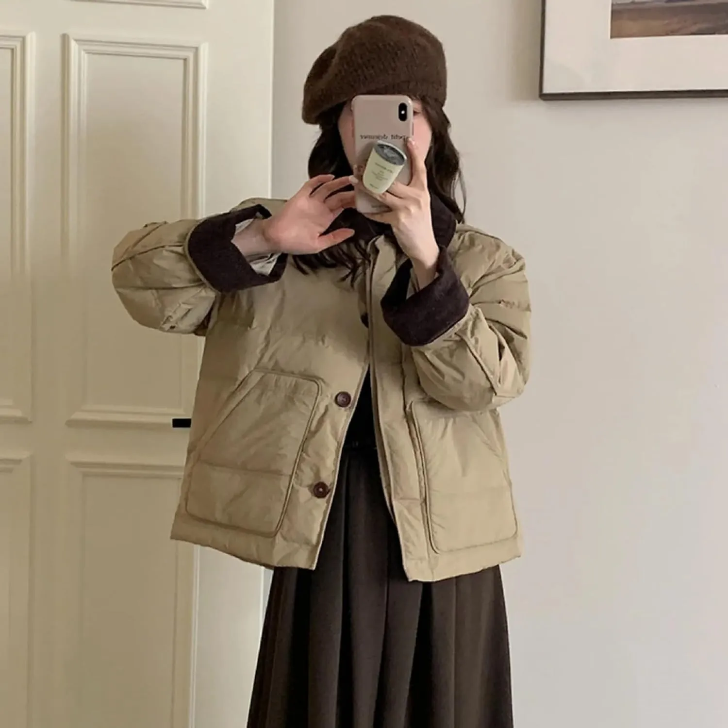Dawery Patchwork Cropped Jacket Autumn Winter Women Cotton-padded Jacket Lightweight Coat Pocket Long Sleeve Warm Coats