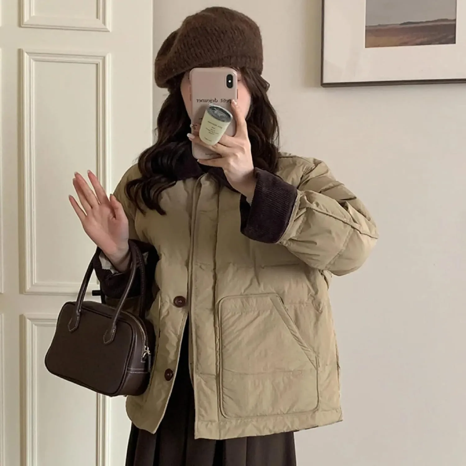 Dawery Patchwork Cropped Jacket Autumn Winter Women Cotton-padded Jacket Lightweight Coat Pocket Long Sleeve Warm Coats