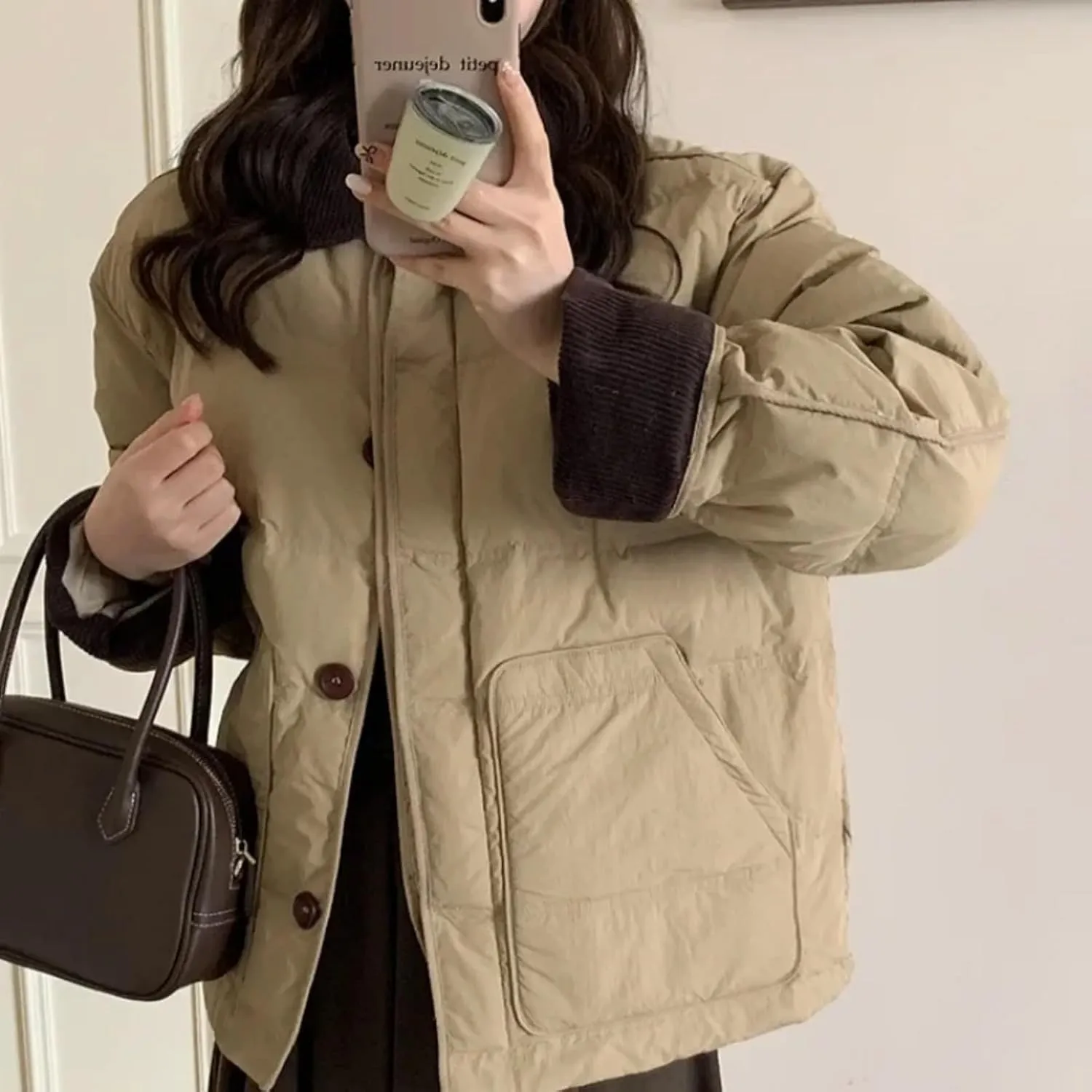 Dawery Patchwork Cropped Jacket Autumn Winter Women Cotton-padded Jacket Lightweight Coat Pocket Long Sleeve Warm Coats