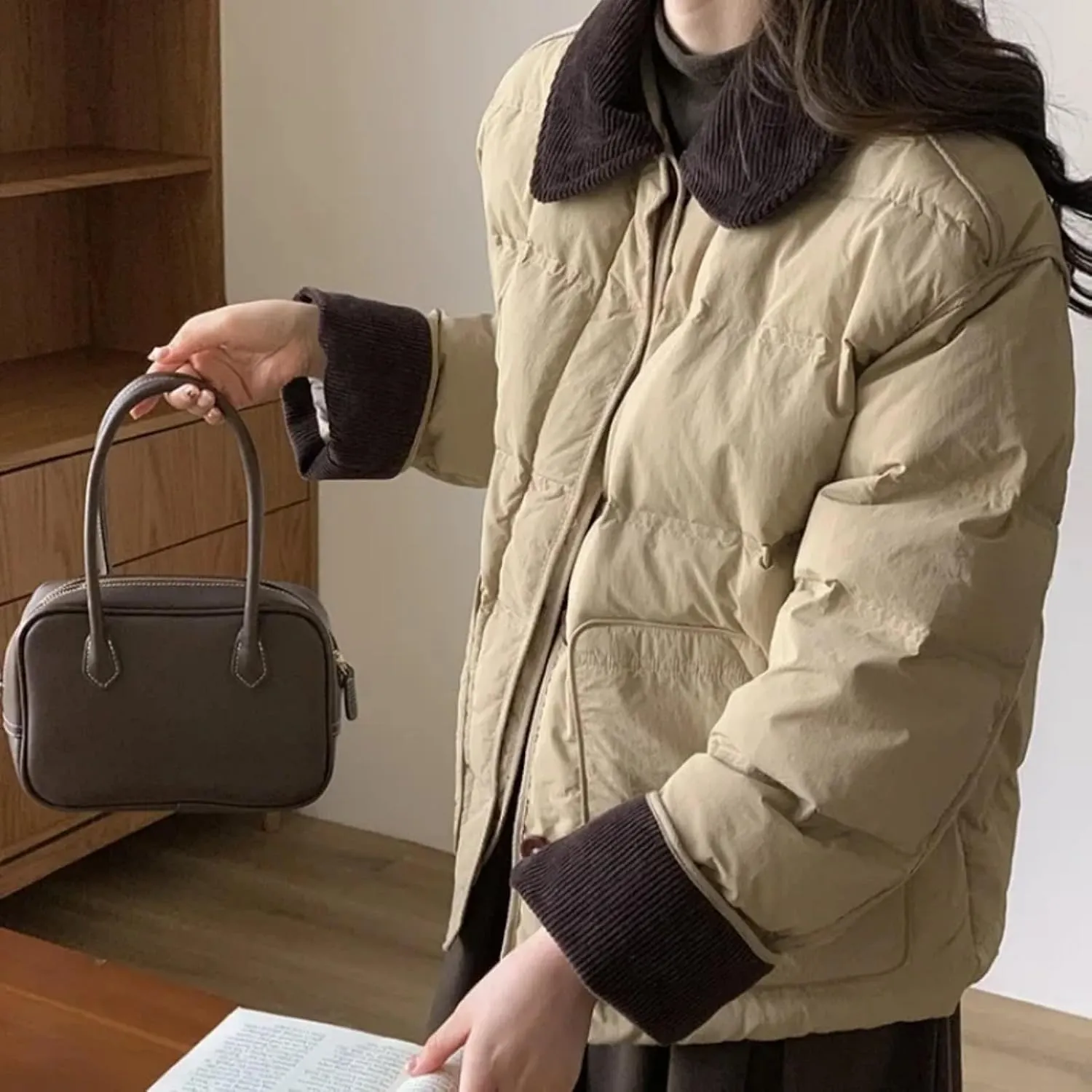 Dawery Patchwork Cropped Jacket Autumn Winter Women Cotton-padded Jacket Lightweight Coat Pocket Long Sleeve Warm Coats