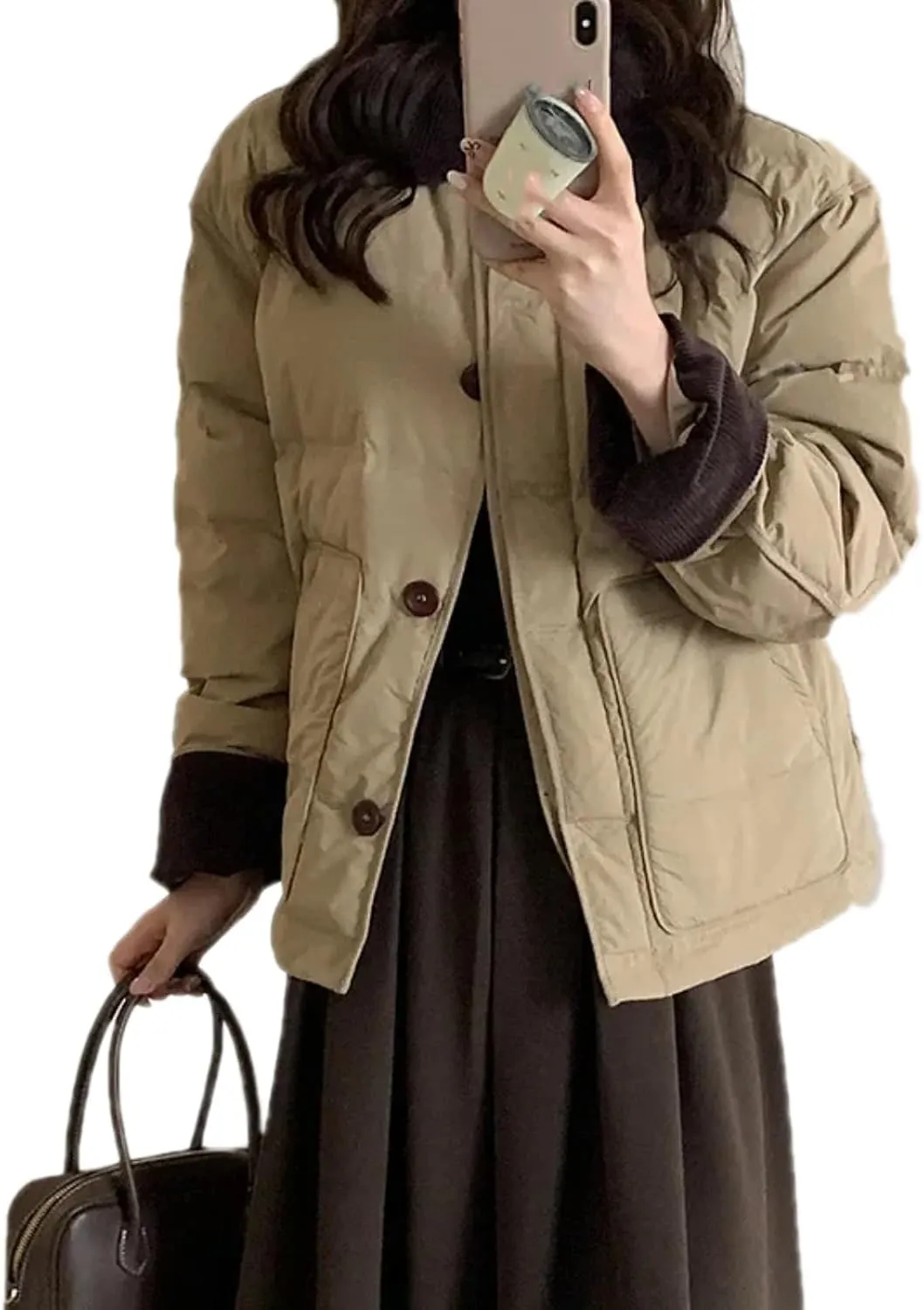 Dawery Patchwork Cropped Jacket Autumn Winter Women Cotton-padded Jacket Lightweight Coat Pocket Long Sleeve Warm Coats
