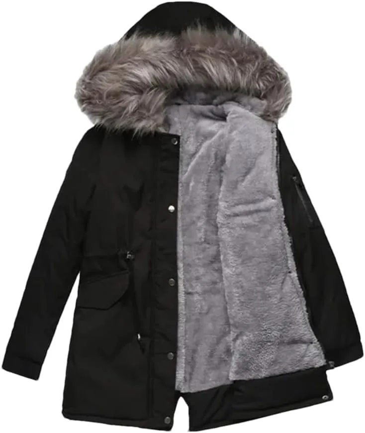 DBFBDTU Women Jacket Padded Coat Middle Length Warm Fleece Hooded Parkas Overcoat