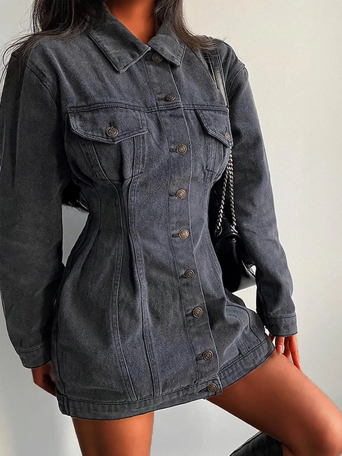 Denim Dress For Women Jackets Button Up Long Sleeve Lapel Basic Trendy Jean Romper