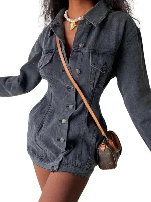 Denim Dress For Women Jackets Button Up Long Sleeve Lapel Basic Trendy Jean Romper