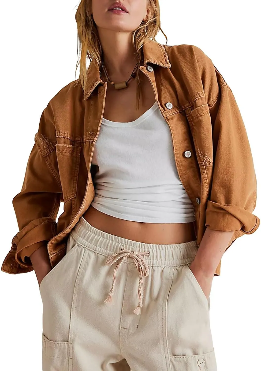 Denim Jacket for Women Long Sleeve Button Down Jacket Pleated Back Jean Shirts Fall Coat with Pockets