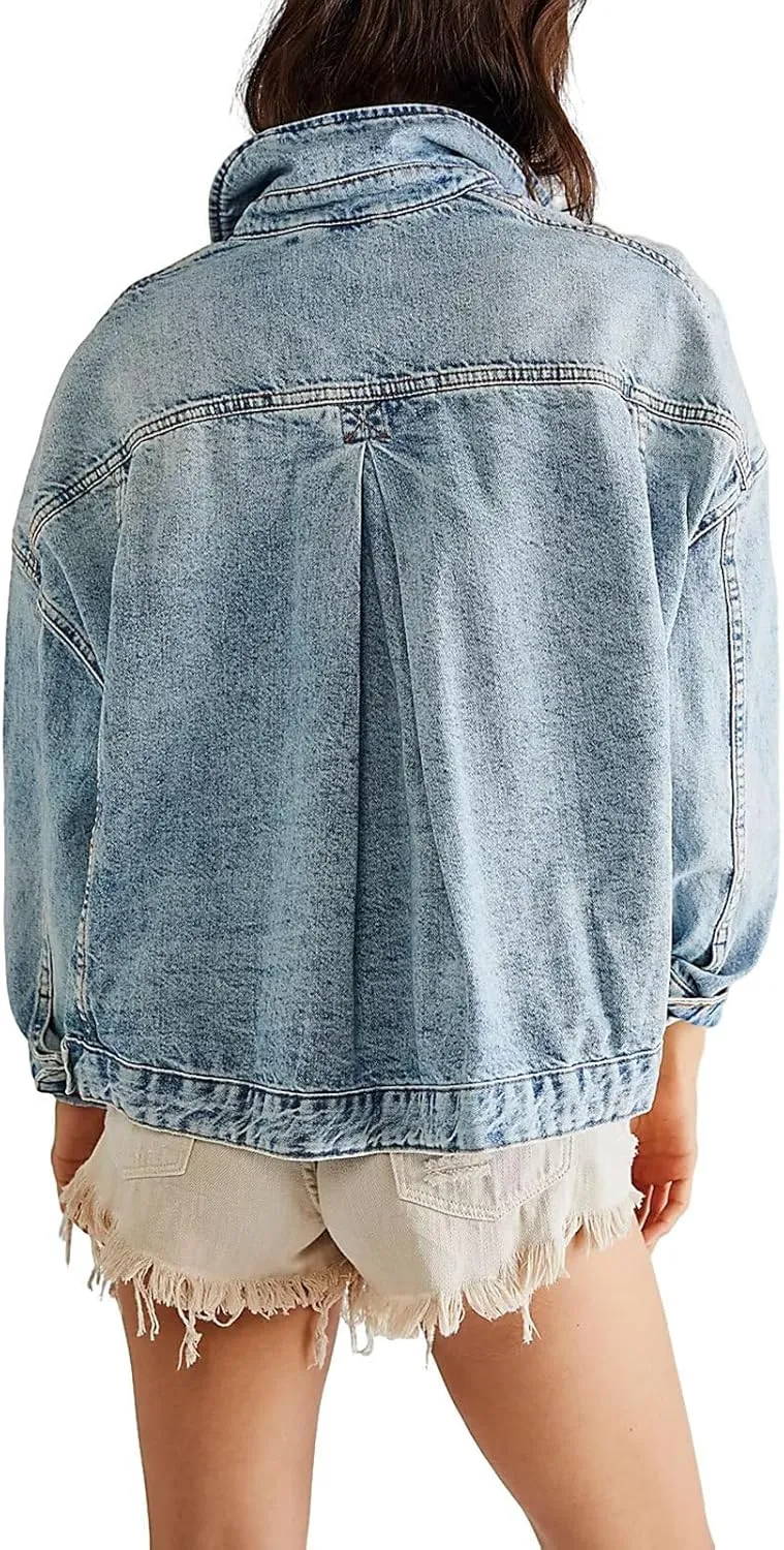 Denim Jacket for Women Long Sleeve Button Down Jacket Pleated Back Jean Shirts Fall Coat with Pockets