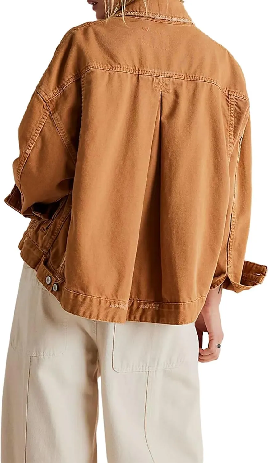 Denim Jacket for Women Long Sleeve Button Down Jacket Pleated Back Jean Shirts Fall Coat with Pockets