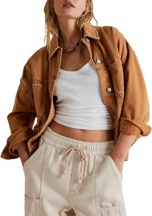 Denim Jacket for Women Long Sleeve Button Down Jacket Pleated Back Jean Shirts Fall Coat with Pockets