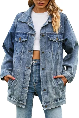 Denim Jackets for Women Oversized Button Down Trendy Casual Vintage Jeans Jackets Long Sleeve Coat with Pockets