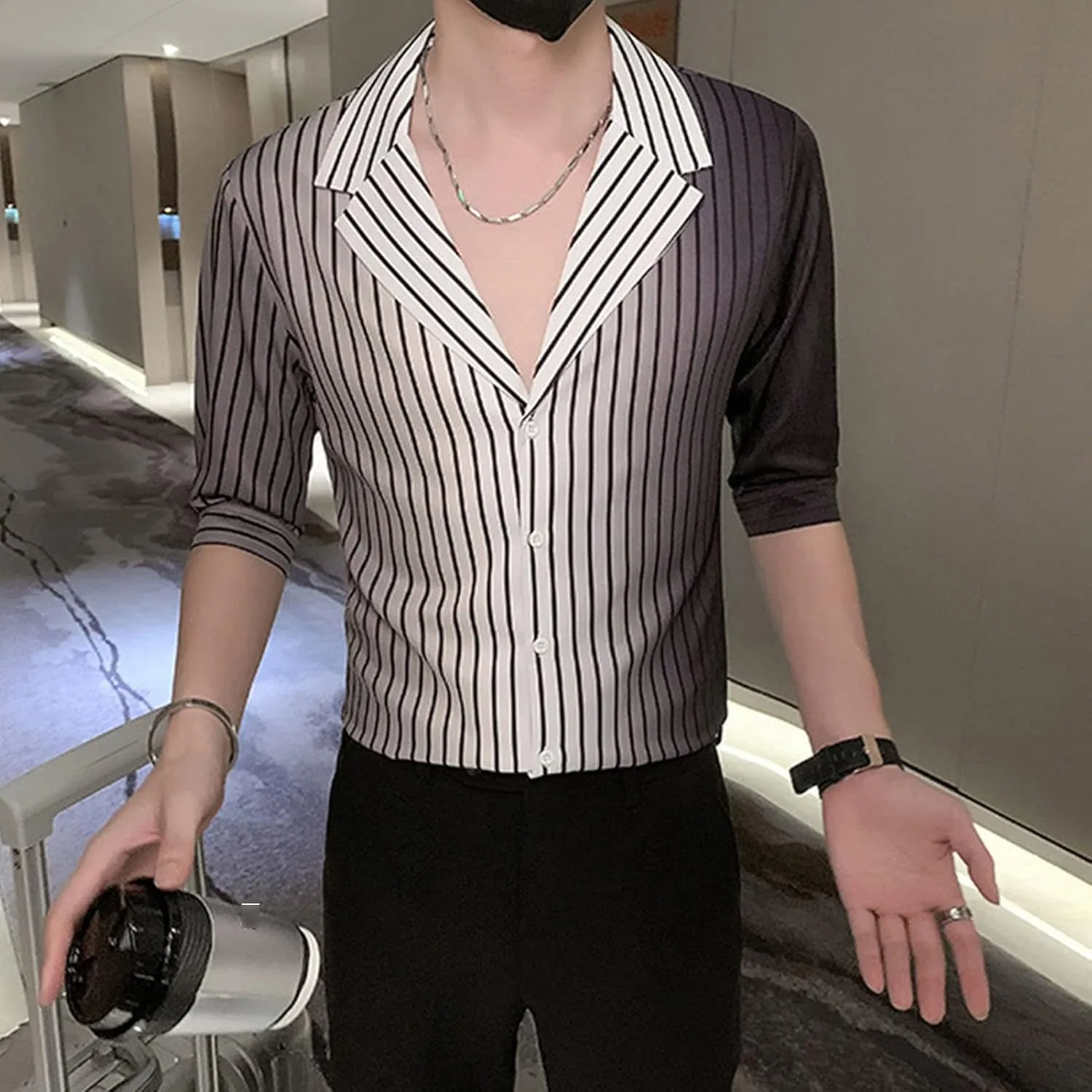 DGHM-JLMY Men's 3/4 Sleeve Gradient Stripe Printed Shirt V-Neck Mid Sleeve Trendy Shirt Casual Slim Fit Printed Shirt