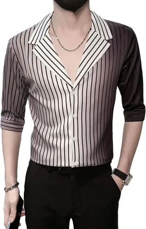 DGHM-JLMY Men's 3/4 Sleeve Gradient Stripe Printed Shirt V-Neck Mid Sleeve Trendy Shirt Casual Slim Fit Printed Shirt