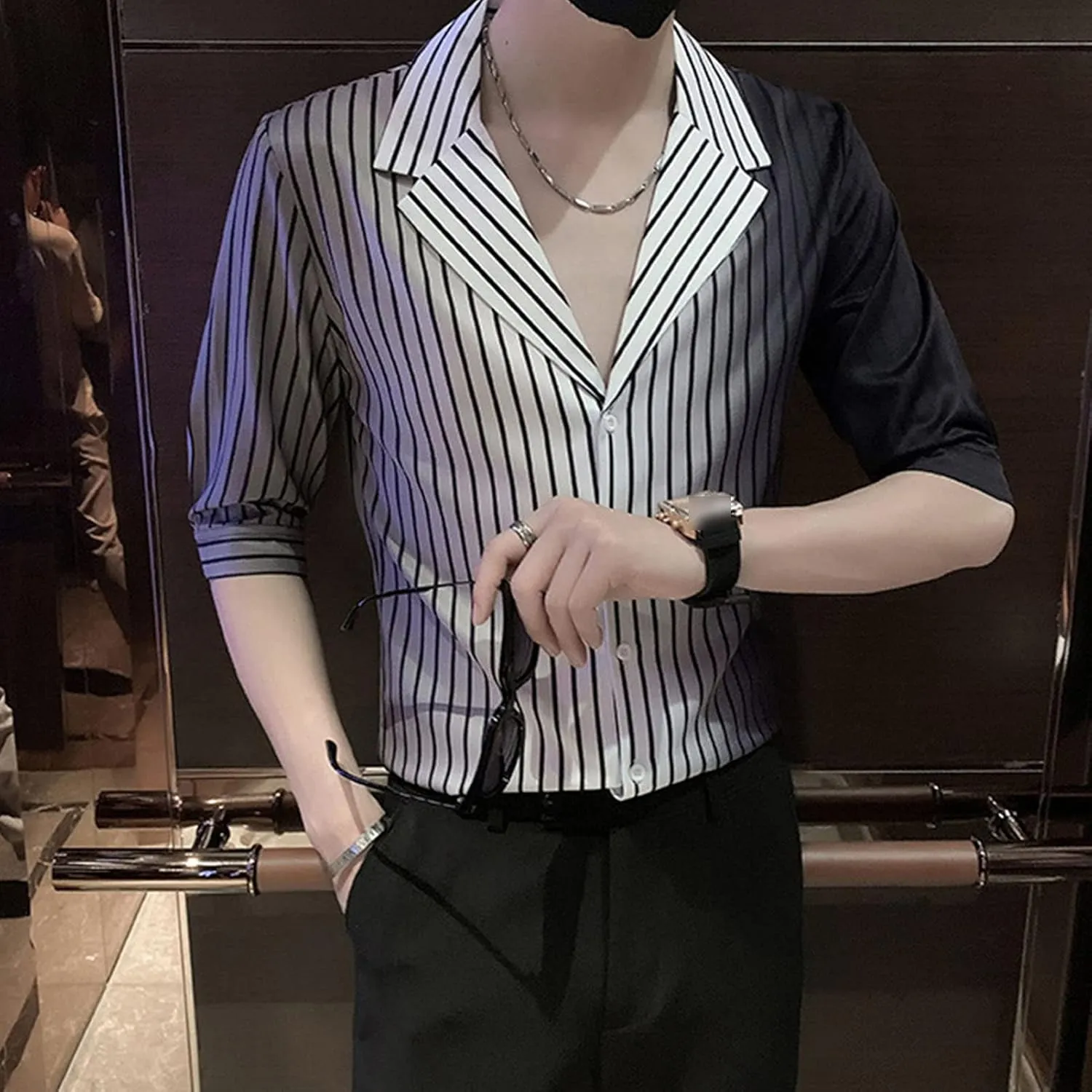 DGHM-JLMY Men's 3/4 Sleeve Gradient Stripe Printed Shirt V-Neck Mid Sleeve Trendy Shirt Casual Slim Fit Printed Shirt