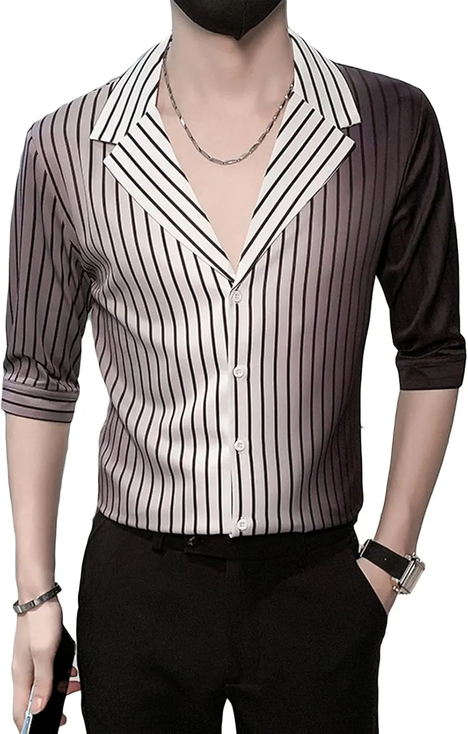 DGHM-JLMY Men's 3/4 Sleeve Gradient Stripe Printed Shirt V-Neck Mid Sleeve Trendy Shirt Casual Slim Fit Printed Shirt
