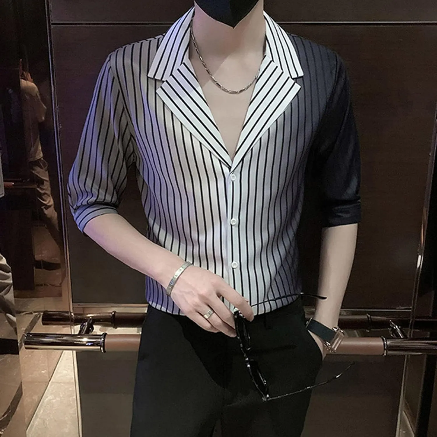 DGHM-JLMY Men's 3/4 Sleeve Gradient Stripe Printed Shirt V-Neck Mid Sleeve Trendy Shirt Casual Slim Fit Printed Shirt