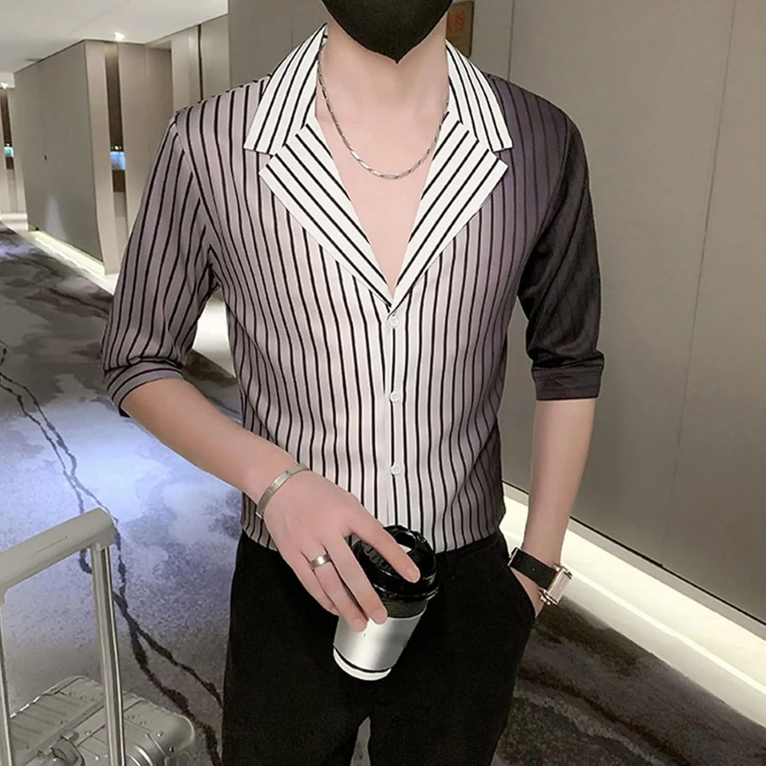 DGHM-JLMY Men's 3/4 Sleeve Gradient Stripe Printed Shirt V-Neck Mid Sleeve Trendy Shirt Casual Slim Fit Printed Shirt