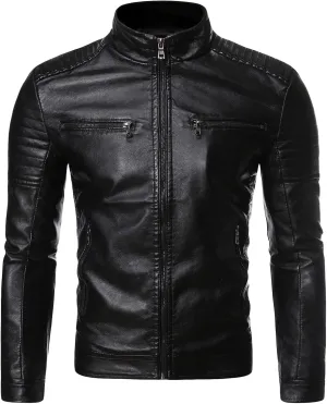 DGHM-JLMY Men's Motorcycle Leather Jacket With Double Zippers Classic Biker PU Jacket Vintage Stand Collar Rider Jacket Coat
