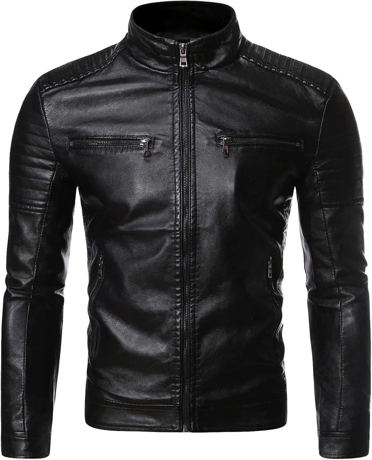 DGHM-JLMY Men's Motorcycle Leather Jacket With Double Zippers Classic Biker PU Jacket Vintage Stand Collar Rider Jacket Coat