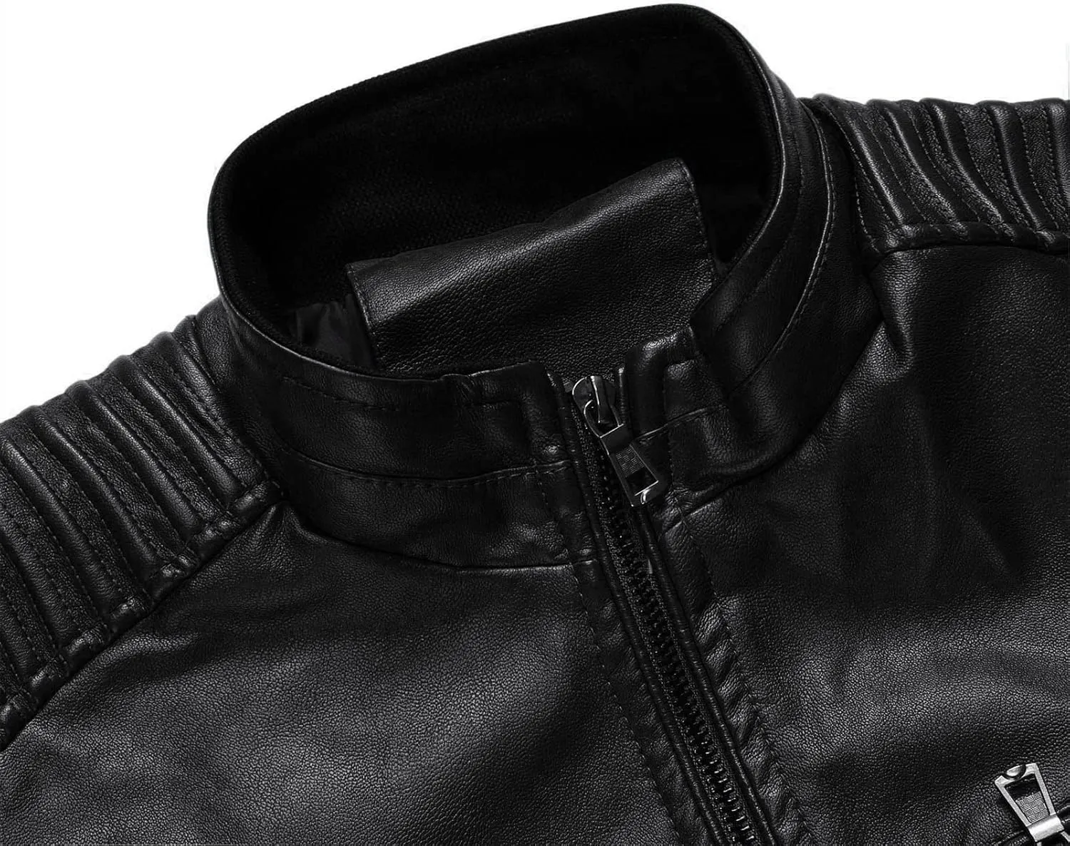 DGHM-JLMY Men's Motorcycle Leather Jacket With Double Zippers Classic Biker PU Jacket Vintage Stand Collar Rider Jacket Coat