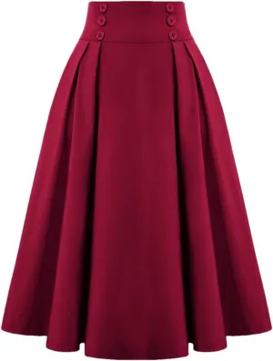 Disimlarl Elastic Waist A Line Elegant Flared Midi Skirts Solid Color Black Red Women Pleated Skirt