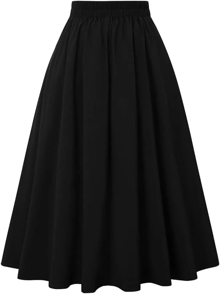 Disimlarl Elastic Waist A Line Elegant Flared Midi Skirts Solid Color Black Red Women Pleated Skirt