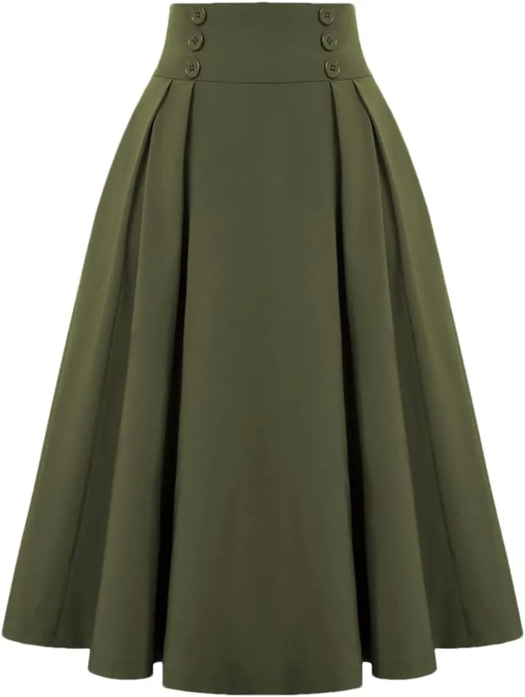 Disimlarl Elastic Waist A Line Elegant Flared Midi Skirts Solid Color Black Red Women Pleated Skirt