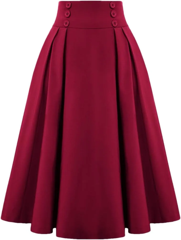 Disimlarl Elastic Waist A Line Elegant Flared Midi Skirts Solid Color Black Red Women Pleated Skirt