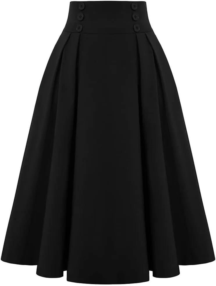Disimlarl Elastic Waist A Line Elegant Flared Midi Skirts Solid Color Black Red Women Pleated Skirt