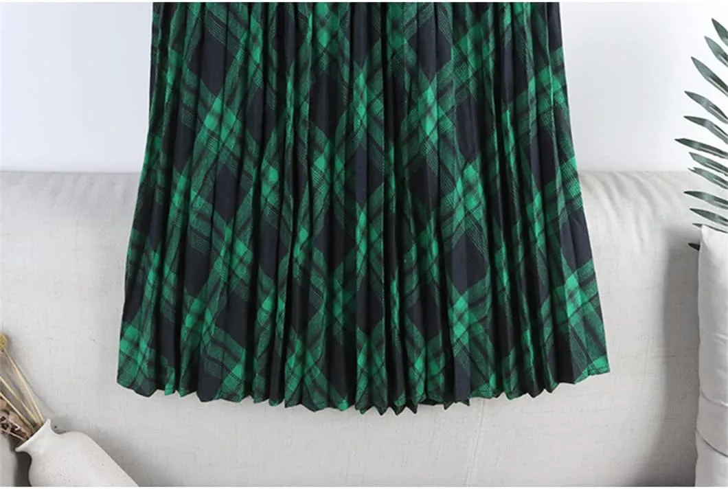 Disimlarl Women Cotton Plaid Skirt Elastic Waist Red Christmas Midi Long Pleated Skirts