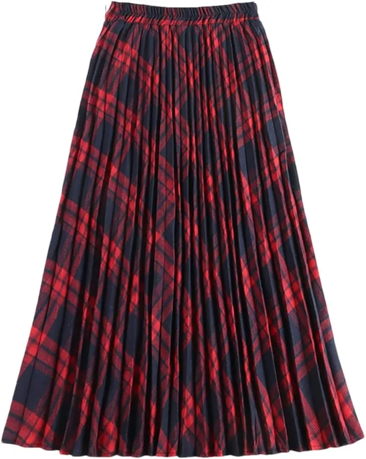 Disimlarl Women Cotton Plaid Skirt Elastic Waist Red Christmas Midi Long Pleated Skirts