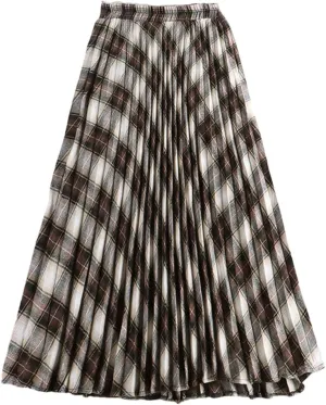 Disimlarl Women Cotton Plaid Skirt Elastic Waist Red Christmas Midi Long Pleated Skirts