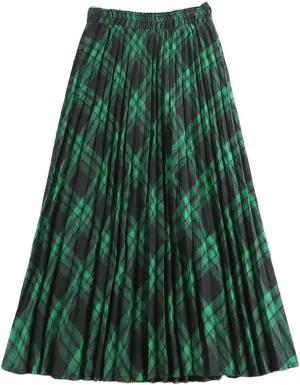Disimlarl Women Cotton Plaid Skirt Elastic Waist Red Christmas Midi Long Pleated Skirts