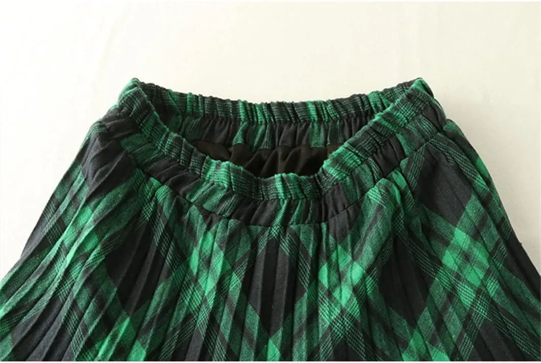 Disimlarl Women Cotton Plaid Skirt Elastic Waist Red Christmas Midi Long Pleated Skirts