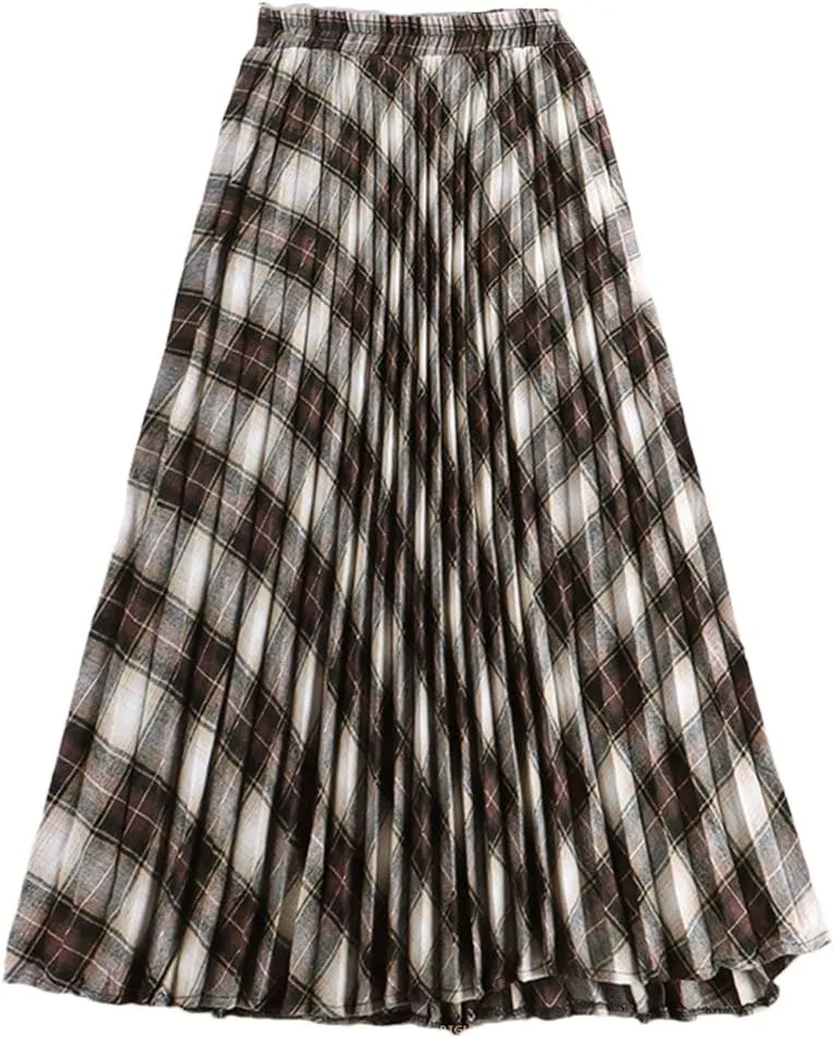 Disimlarl Women Cotton Plaid Skirt Elastic Waist Red Christmas Midi Long Pleated Skirts