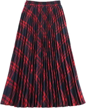 Disimlarl Women Cotton Plaid Skirt Elastic Waist Red Christmas Midi Long Pleated Skirts