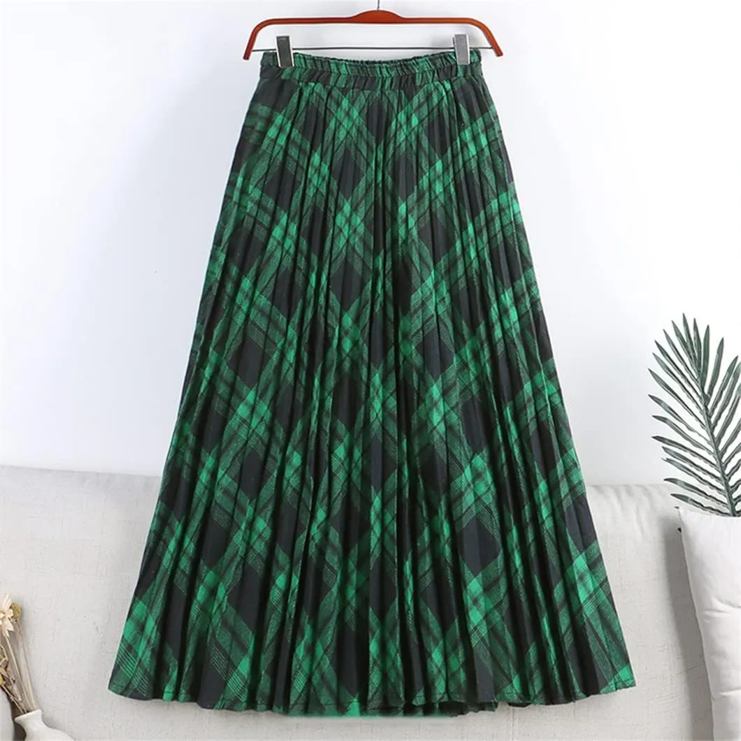 Disimlarl Women Cotton Plaid Skirt Elastic Waist Red Christmas Midi Long Pleated Skirts